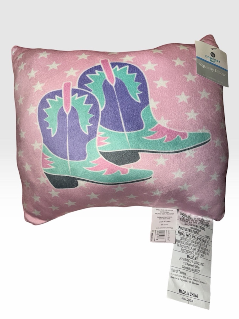 Comfort Bay Pink Cowboy Cowgirl Boots Plush Pillow with Purple & Teal Accents